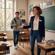 Teacher welcoming a new student